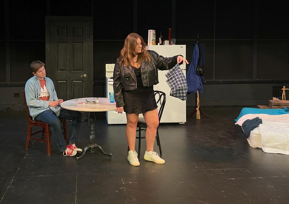 Tommy O'Brien, left, and Lucy Barron rehearse a scene for the University of Notre Dame's department of film, television and theater's production of "This Is Our Youth" that runs April 28 to 30, 2023, at the DeBartolo Performing Arts Center.