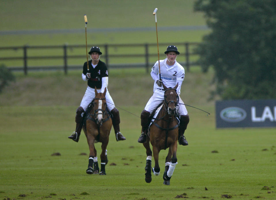 Prince William, Duke of Cambridge and Prince Harry play against each other in the Sentebale Polo Cup polo match at Coworth Park Polo Club on June 12, 2011 in Ascot, United Kingdom.