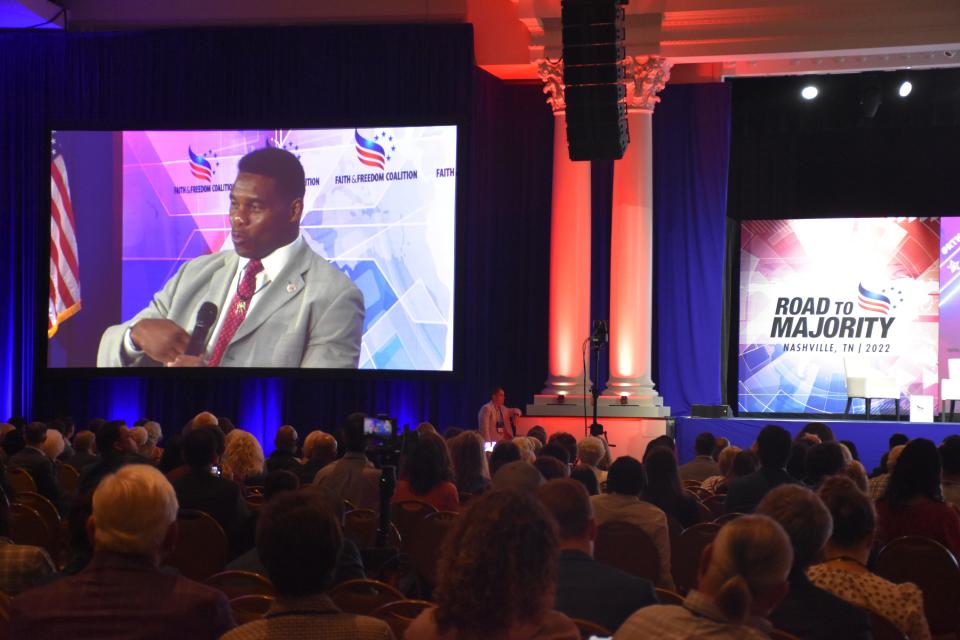 Herschel Walker, the Republican candidate from Georgia for U.S. Senate, appeared at the Faith and Freedom Coalition's "Road to Majority" conference in Nashville, Tenn., on Saturday, June 18, 2022.