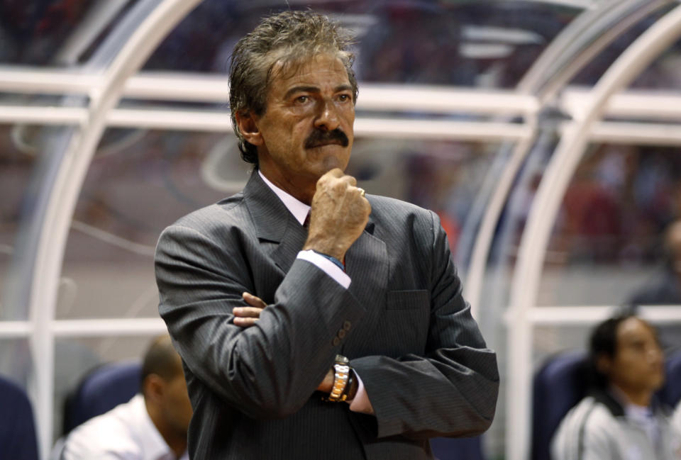 FILE - In this March 29, 2011 file photo, former Costa Rica's coach, Mexican Ricardo La Volpe watches his players from the sidelines in a friendly soccer match against Argentina in San Jose, Costa Rica. La Volpe has been fired from his post as Head Coach of Mexico's Chivas after it's owner Jorge Vergara anounced Wednesday April 30, that La Volpe had incurred in inapropriate conduct with a female employee of the team. (AP Photo/Fernando Vergara, File)