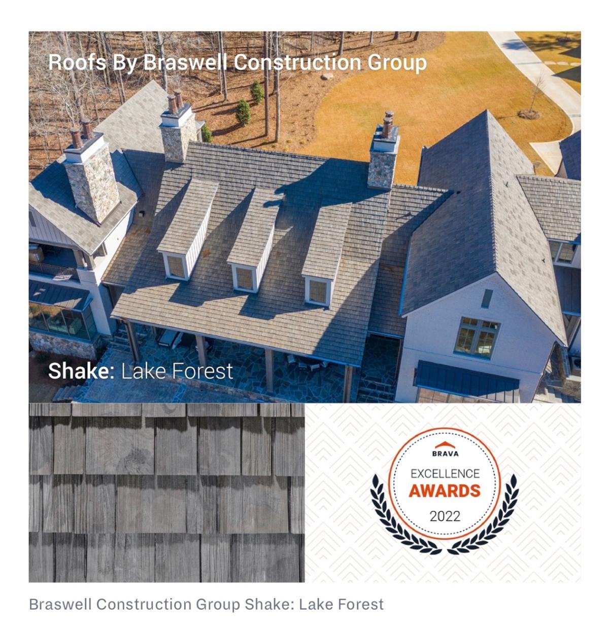 Brava Shake Roof Specialist, Braswell Construction Group, Receives 2022 Excellence Award for Shake Installation on Lake Oconee Georgia Custom DreamBuilt Home