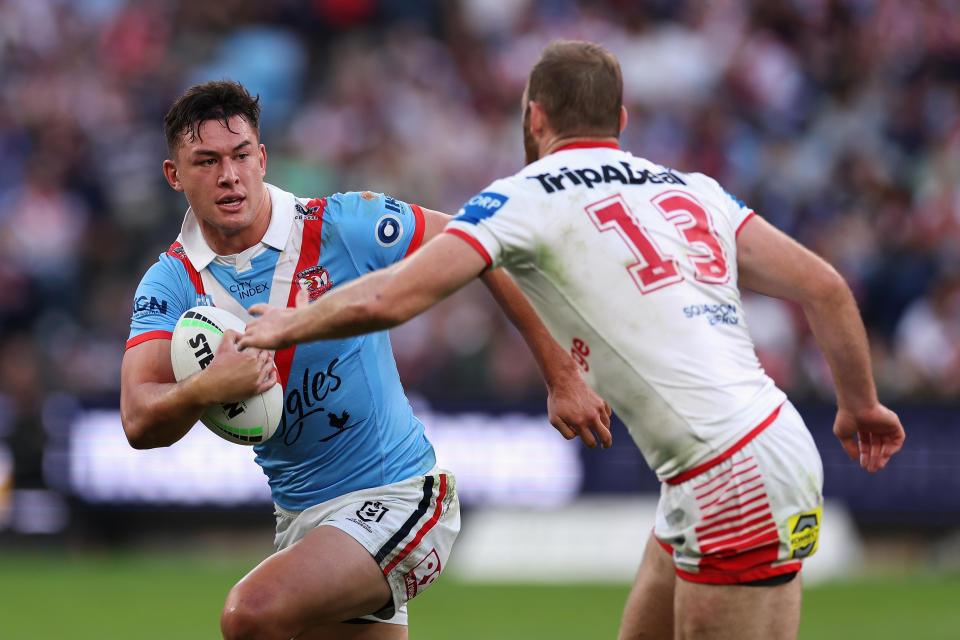 SYDNEY, AUSTRALIA - APRIL 25: Joseph Manu of the Roosters runs the ball during the round eight NRL match between St George Illawarra Dragons and Sydney Roosters at Allianz Stadium, on April 25, 2024, in Sydney, Australia. (Photo by Cameron Spencer/Getty Images)