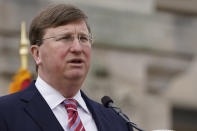 Mississippi Gov. Tate Reeves speaks about his policy priorities and the state's coronavirus pandemic response during his State of the State speech on Tuesday, Jan. 26, 2021, on the south steps of the state Capitol in Jackson, Miss. (AP Photo/Rogelio V. Solis)