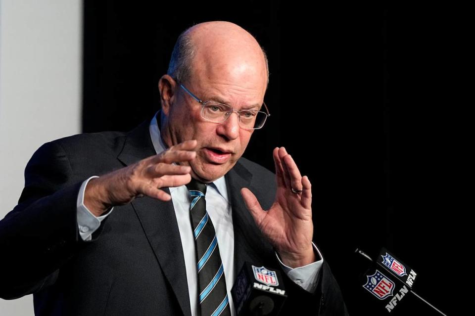 Carolina Panthers owner David Tepper speaks during Tuesday’s news conference at Bank of America Stadium. (AP Photo/Chris Carlson)