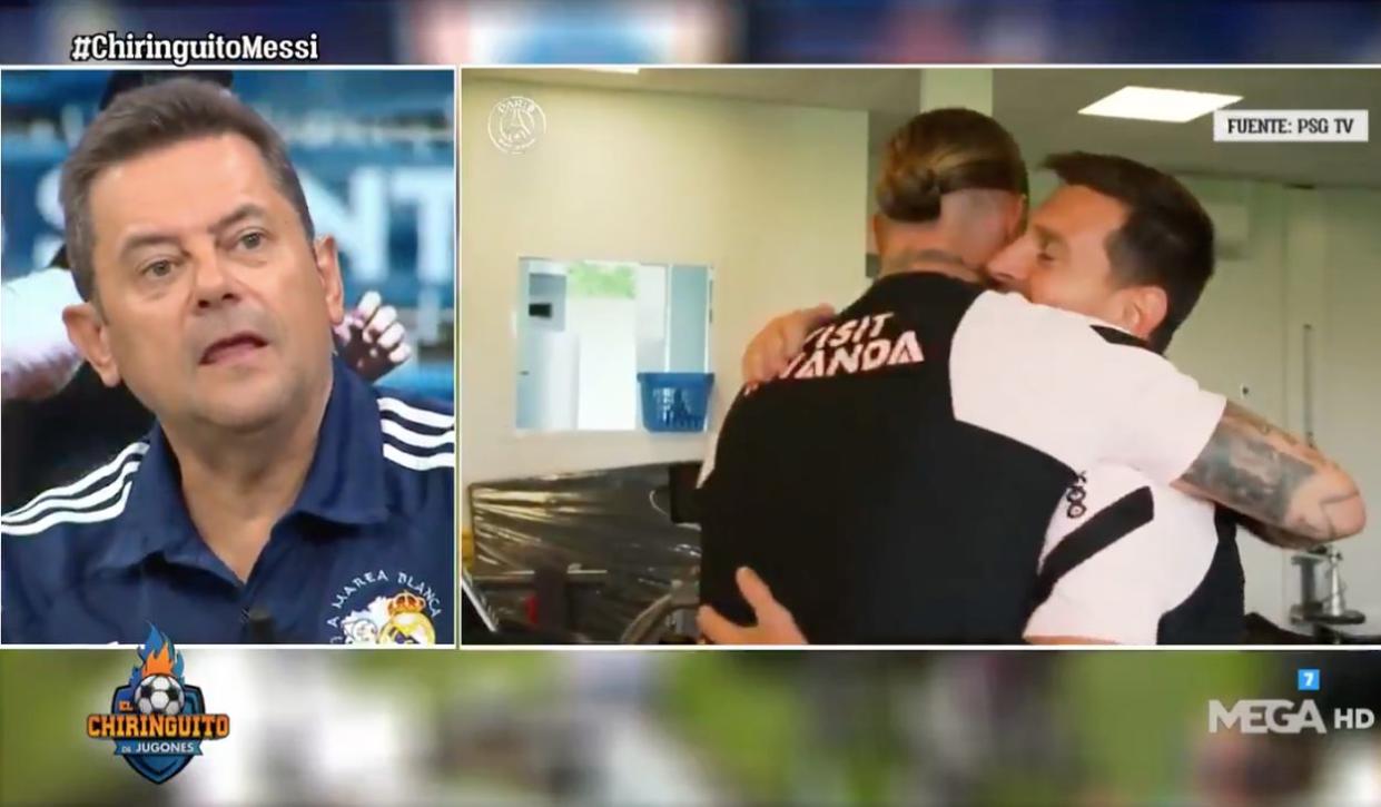 Tomás Roncero en 'El chiringuito de jugones' analizando el abrazo entre Sergio Ramos y Lionel Messi. (Fuente: Twitter/@elchiringuitotv)