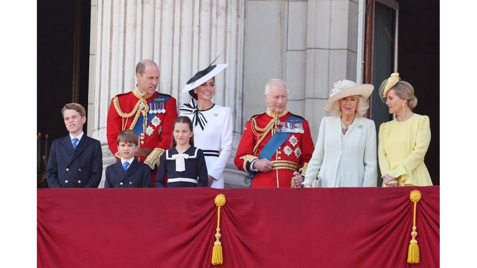 Prince George, Prince Louis, Princess Charlotte, Prince William, Princess Kate, King Charles, Queen Camilla and Duchess Sophie on Buckingham Palace balcony