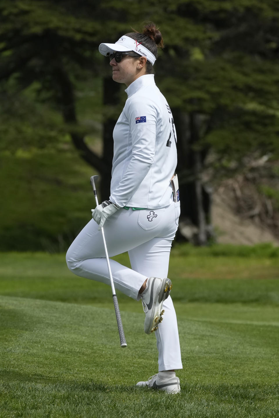 Australia's Hannah Green watches her shot toward the 11th hole at the International Crown match play golf tournament in San Francisco, Thursday, May 4, 2023. (AP Photo/Jeff Chiu)