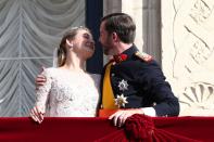 LUXEMBOURG - OCTOBER 20: Princess Stephanie of Luxembourg and Prince Guillaume of Luxembourg kiss on the balcony of the Grand-Ducal Palace following the wedding ceremony of Prince Guillaume Of Luxembourg and Princess Stephanie of Luxembourg at the Cathedral of our Lady of Luxembourg on October 20, 2012 in Luxembourg, Luxembourg. The 30-year-old hereditary Grand Duke of Luxembourg is the last hereditary Prince in Europe to get married, marrying his 28-year old Belgian Countess bride in a lavish 2-day ceremony. (Photo by Andreas Rentz/Getty Images)