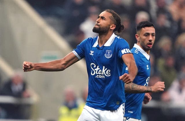 Everton’s Dominic Calvert-Lewin celebrates scoring a late penalty at Newcastle