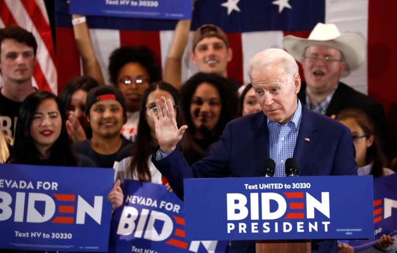 U.S. Democratic presidential candidate and former Vice President Joe Biden speaks to supporters at his party after the Nevada Caucus in Las Vegas, Nevada, U.S.