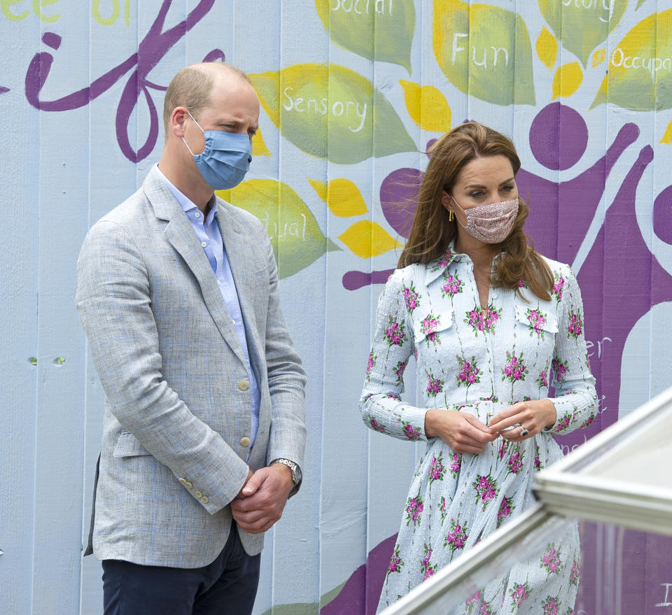 CARDIFF, WALES - AUGUST 05: Prince William, Duke of Cambridge and Catherine, Duchess of Cambridge visit the Shire Hall Care Home, where they spoke to some of the home's staff, residents and their family members on August 5, 2020 in Cardiff, Wales. In May, The Duke and Duchess joined staff and residents from Shire Hall via video call, and took their turn as guest bingo callers for a game in the home's cinema. (Photo by Jonathan Buckmaster - WPA Pool/Getty Images)