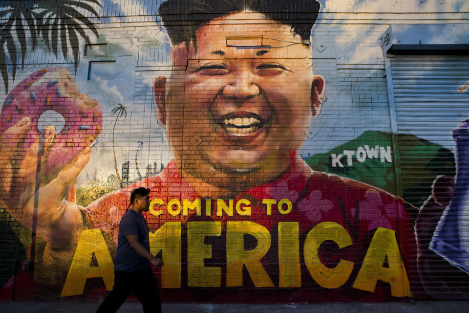 In this June 11, 2018, file photo, a man walks past a mural depicting North Korean leader Kim Jong Un in Los Angeles. U.S.President Donald Trump and Kim Trump and Kim are planning a second summit in the Vietnam capital of Hanoi, Feb. 27-28. (AP Photo/Jae C. Hong, File)