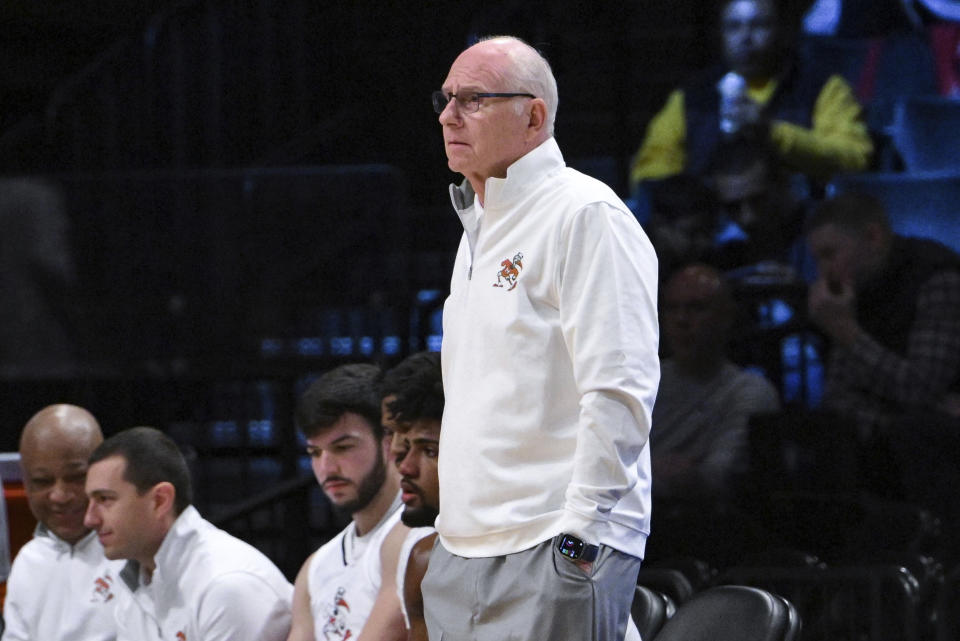 Miami head coach Jim Larranaga looks on during the first half of an NCAA college basketball game against the Colorado Buffaloes in the NABC Brooklyn Showcase, Sunday, Dec. 10, 2023, in New York. (AP Photo/John Jones)