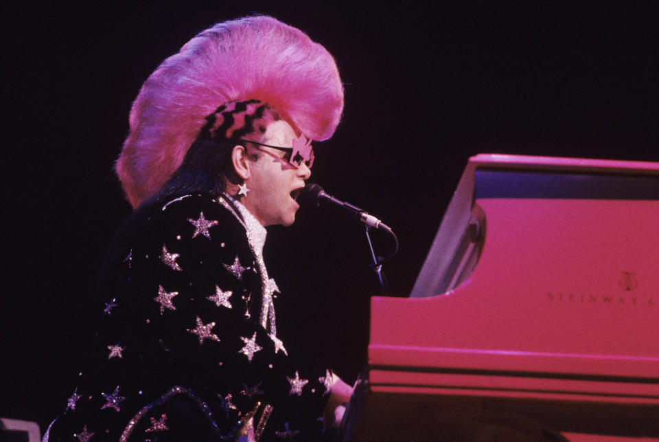  Elton John performing at Madison Square Garden in New York City on September 11, 1986. (Photo by Ebet Roberts/Redferns)