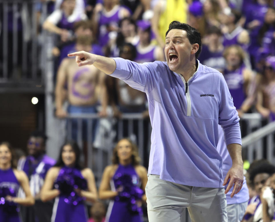 Grand Canyon head coach Bryce Drew reacts at the bench in the second half of an NCAA college basketball game against Southern Utah in the championship of the Western Athletic Conference tournament Saturday, March 11, 2023, in Las Vegas. (AP Photo/Ronda Churchill)