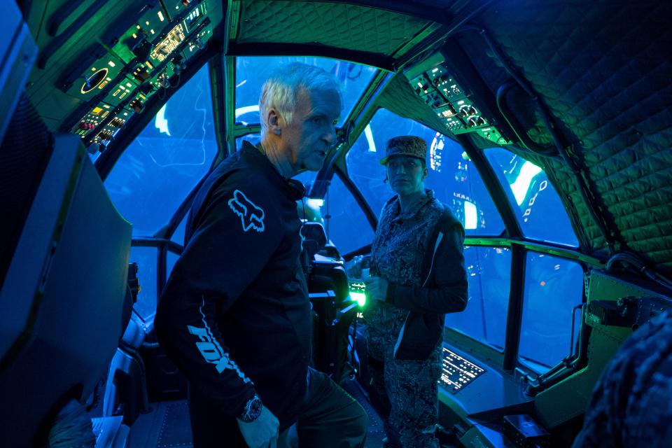 "Avatar: The Way of Water" director James Cameron, left, and Edie Falco, who plays General Ardmore in the sci-fi blockbuster sequel.