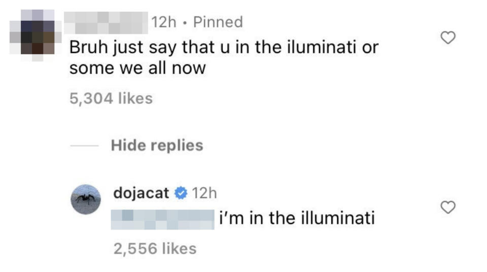 Comment: "Bruh just say that u in the iluminati"; Doja: i'm in the illuminati"