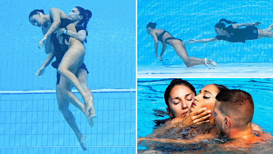 Anita Alvarez, pictured here being saved by her coach after fainting in the pool at the swimming world championships.