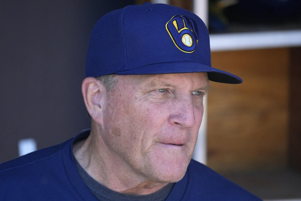 Milwaukee Brewers manager Pat Murphy pauses in the dugout prior to a spring training baseball game against the Colorado Rockies, Monday, March 25, 2024, in Phoenix. (AP Photo/Ross D. Franklin)