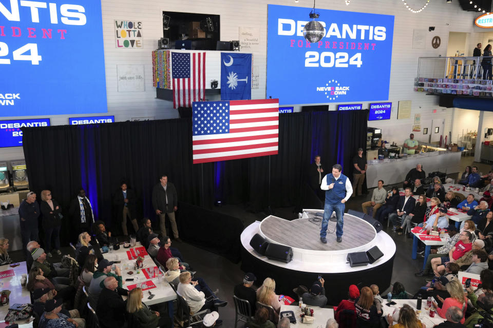 Republican presidential candidate Florida Gov. Ron DeSantis speaks during a campaign event at The Hangout on Saturday, Jan. 20, 2024, in Myrtle Beach, S.C. (AP Photo/Meg Kinnard)