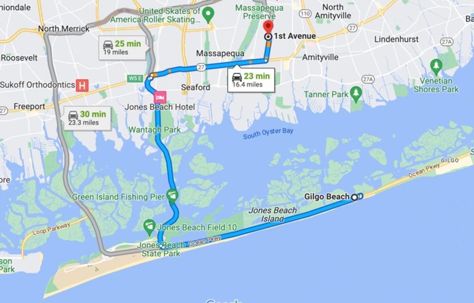 Map showing proximity of home being searched by police and Gilgo Beach where bodies were found (Google Maps)