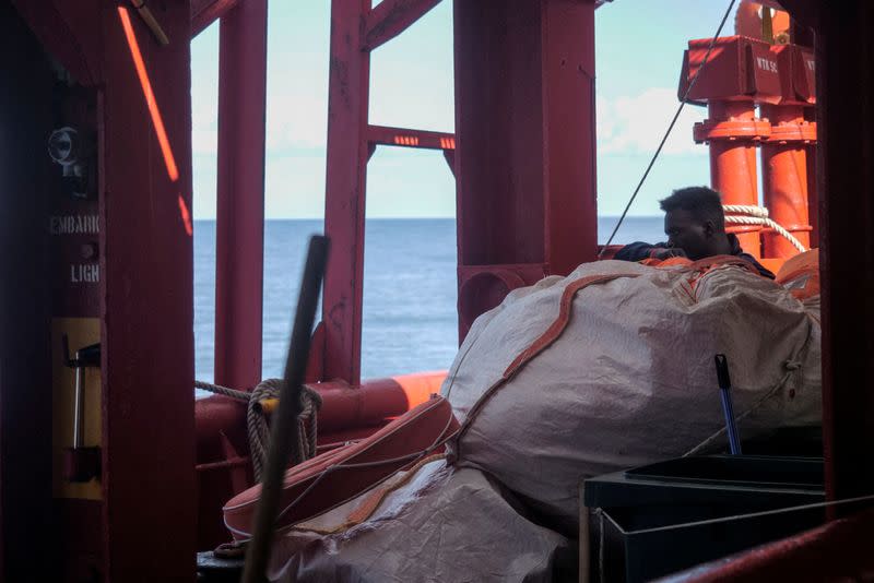 Migrants on deck of NGO rescue ship 'Ocean Viking'