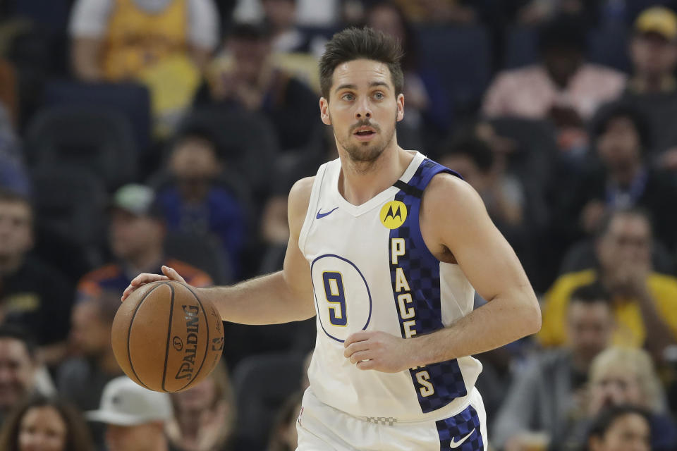 Indiana Pacers guard T.J. McConnell (9) dribbles upcourt against the Golden State Warriors during the first half of an NBA basketball game in San Francisco, Friday, Jan. 24, 2020. (AP Photo/Jeff Chiu)