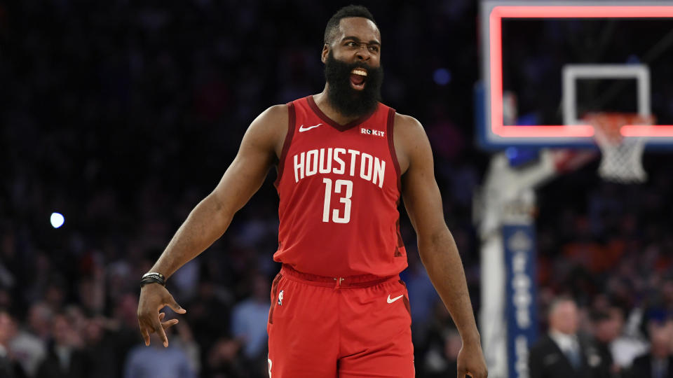 Rockets star and NBA MVP James Harden was a happy man following his exploits at Madison Square Garden on Wednesday.