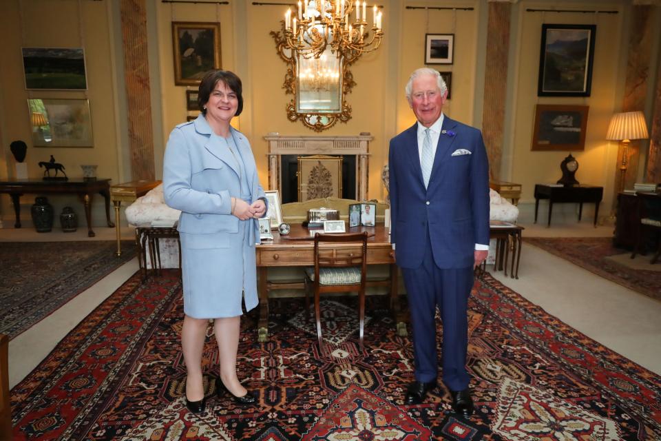 BELFAST, NORTHERN IRELAND - SEPTEMBER 30: Prince Charles, Prince of Wales meeting First Minister Arlene Foster at Hillsborough Castle on September 30, 2020 in Belfast, United Kingdom. (Photo by Press Eye - WPA Pool/Getty Images)