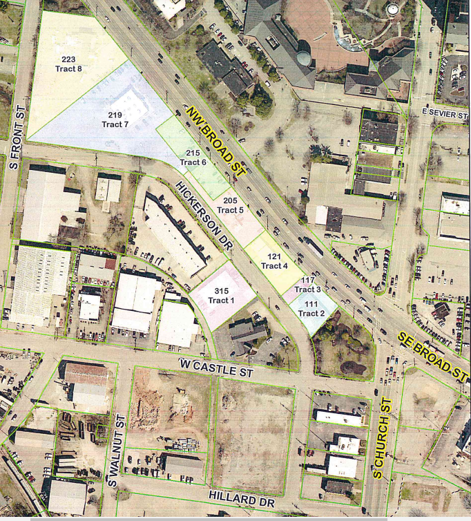 This maps shows where the city intends to purchase parcels 1-7 and a portion of parcel 8 for the Town Creek daylight project. The creek has been in underground pipes since the state buried the creek to build Broad Street over what had been the Historic Bottoms community.