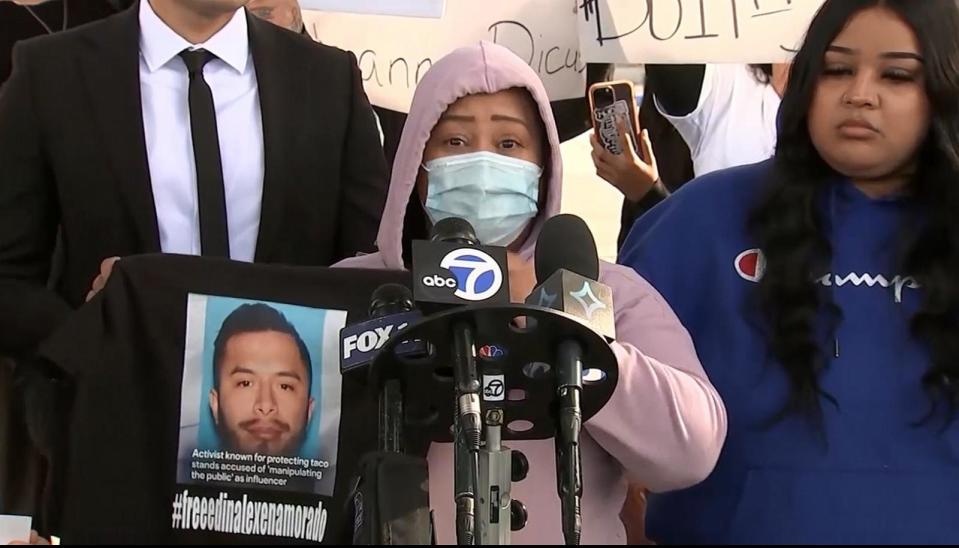 PHOTO: A woman speaks at a press conference about Edin Alex Enamorado and the Justice 8, in Victorville, Calif., on Dec. 18, 2023. (KABC)