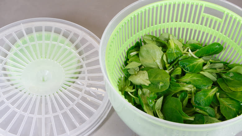 baby spinach inside salad spinner basket