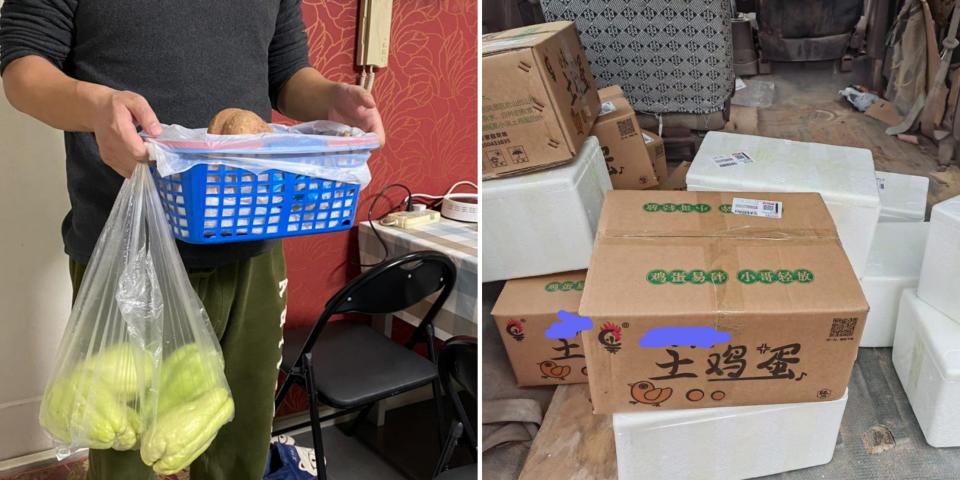 Left: Zhao Ping holds a basket of vegetables. Right: Zhao Ping's eggs arrive in a minivan.