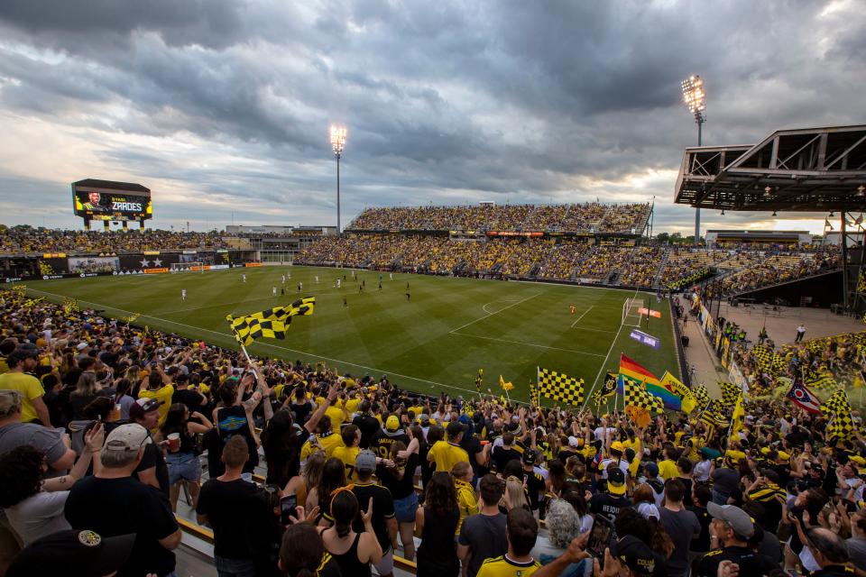 Fans cheer following a goal by Gyasi Zardes during the final Crew game at Historic Crew Stadium on June 19, 2021.