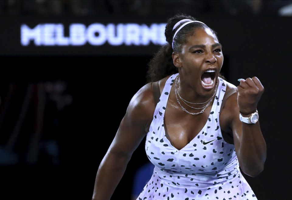 Serena Williams of the U.S. reacts during her second round singles match against Slovenia's Tamara Zidansek at the Australian Open tennis championship in Melbourne, Australia, Wednesday, Jan. 22, 2020. (AP Photo/Dita Alangkara)