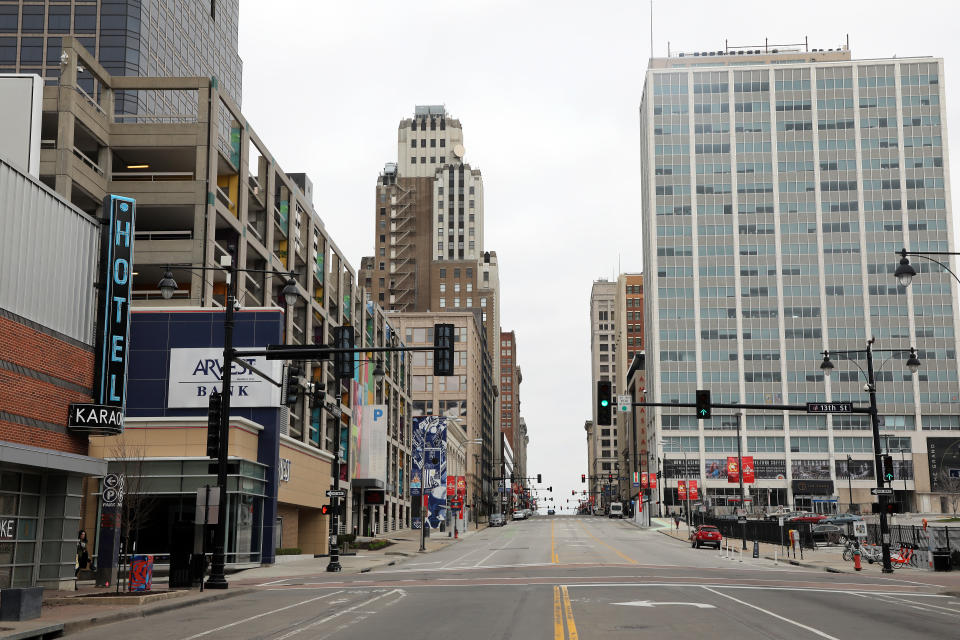 Downtown Kansas City is virtually deserted amid measures to protect against the spread of COVID-19. (Photo by Jamie Squire/Getty Images)