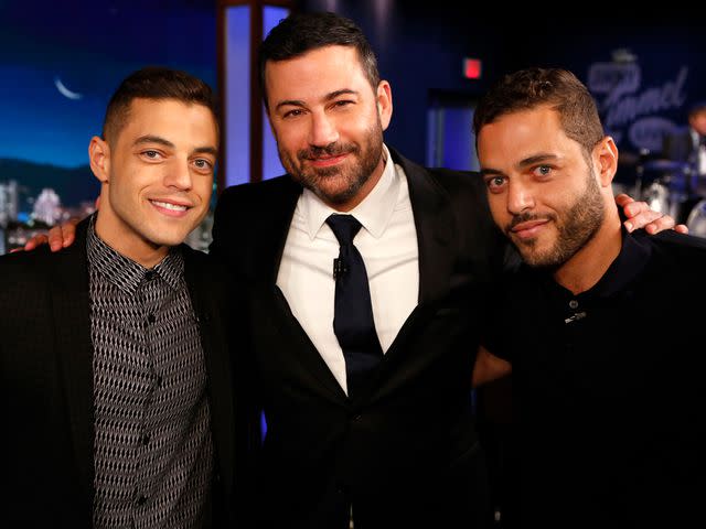 <p>Randy Holmes/Disney General Entertainment Content/Getty</p> Rami Malek, Jimmy Kimmel, and Sami Malek