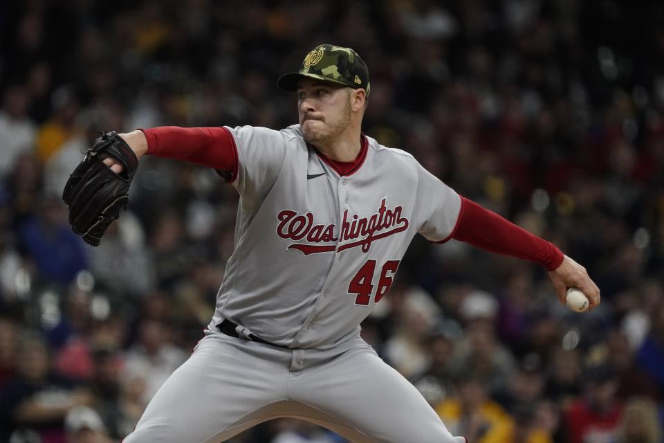 Washington Nationals starting pitcher Patrick Corbin throws during the first inning of a baseball game against the Milwaukee Brewers Saturday, May 21, 2022, in Milwaukee. (AP Photo/Morry Gash)