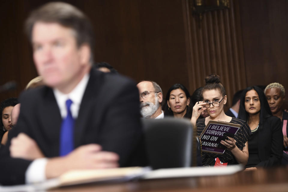 FILE - In this Sept. 27, 2018 file photo, actress and activist Alyssa Milano listens as Supreme Court nominee Brett Kavanaugh testifies before the Senate Judiciary Committee on Capitol Hill in Washington. In 2021, four years after Milano sent her viral tweet asking those who’d been harassed or assaulted to reply “Me too,” following the stunning revelations about mogul Harvey Weinstein, most Americans think the movement has inspired more people to speak out about misconduct, according to a 2021 poll conducted by The Associated Press-NORC Center for Public Affairs Research. (Saul Loeb/Pool Photo via AP, File)