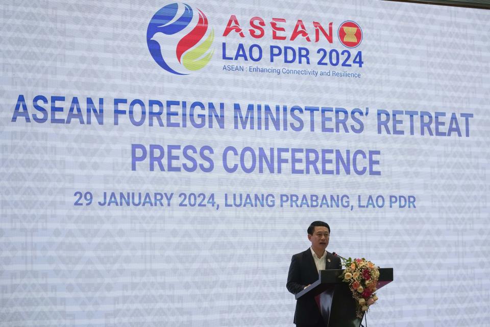 Laos' Foreign Minister Saleumxay Kommasith speaks to reporters during a press conference at the Association of Southeast Asian Nations (ASEAN) Foreign Ministers retreat meeting in Luang Prabang, Laos, Monday, Jan. 29, 2024. (AP Photo/Sakchai Lalit)