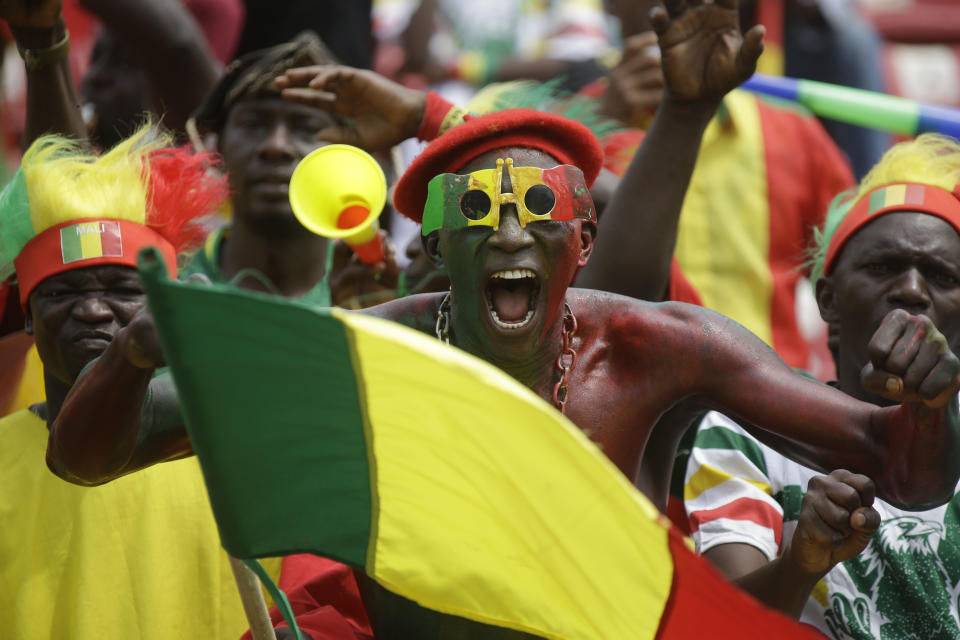 Mali soccer supporters before the African Cup of Nations 2022 group F soccer match between Gambia and Mali at the Limbe Omnisport Stadium in Limbe, Cameroon, Sunday, Jan. 16, 2022. (AP Photo/Sunday Alamba)