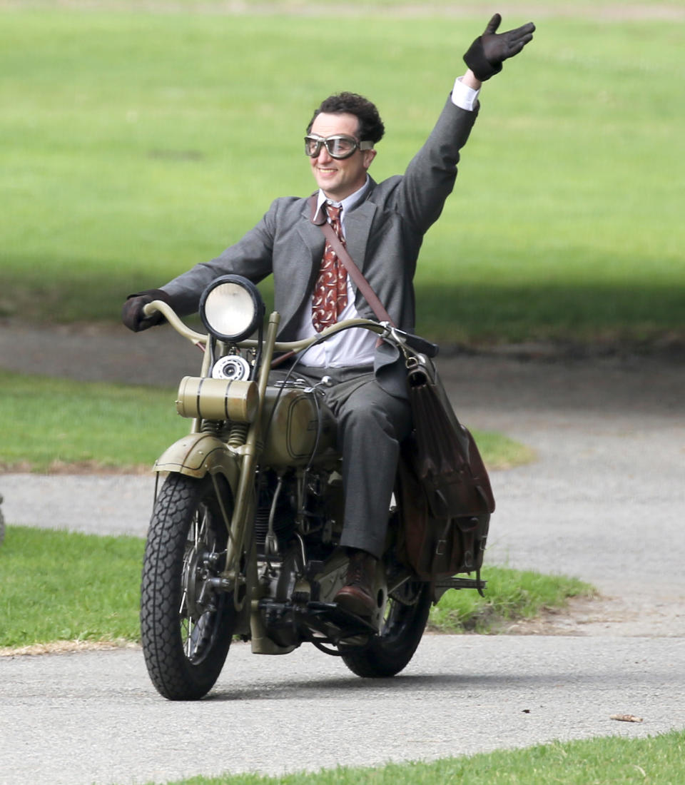 <p>Matthew Rhys enjoys a ride on a vintage Harley Davidson on the set of <em>Perry Mason</em> season 2 in L.A. on Jan. 19.</p>