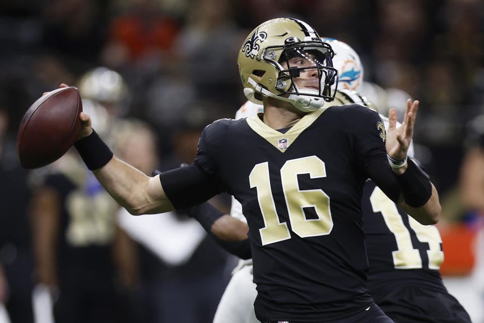 Ian Book threw a pick-six on his first NFL series. (Photo by Chris Graythen/Getty Images)