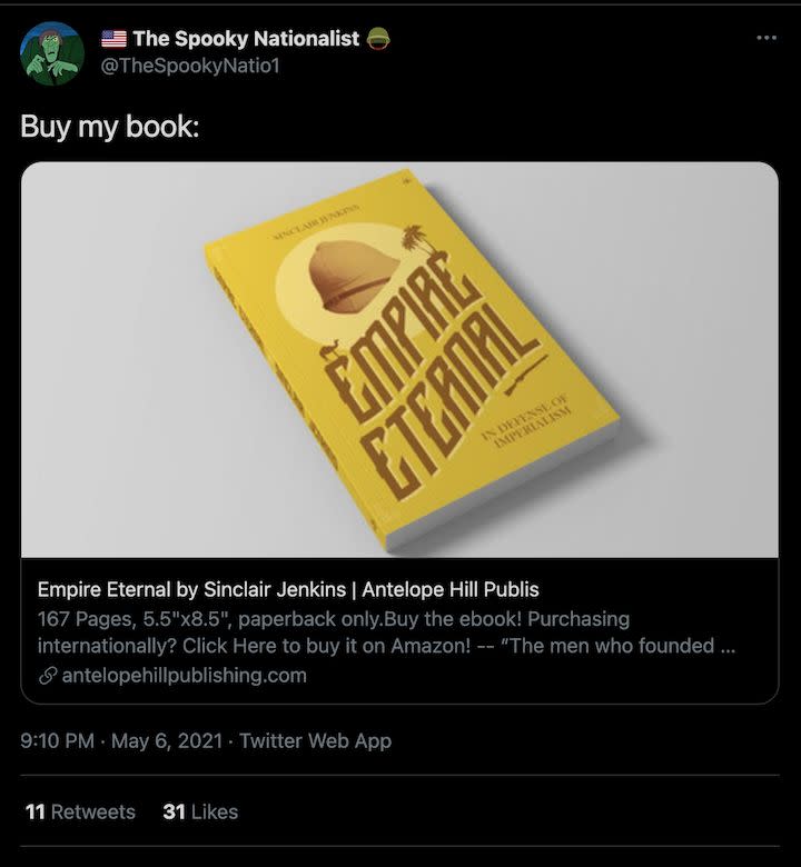 An account of Welton's promoting his book, which was published last month by Antelope Hill, a publishing house listed as a white nationalist hate group by the Southern Poverty Law Center. (Photo: Screenshot)