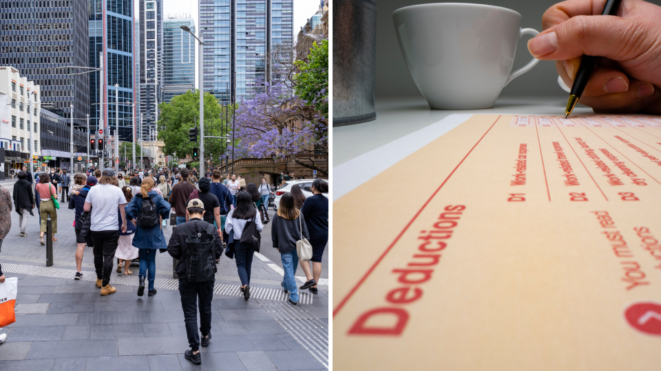A crowd of people crossing the street in the Sydney CBD and someone filling out an ATO deductions form.