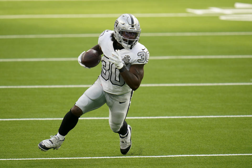 Las Vegas Raiders running back Jalen Richard runs with the ball during the first half of an NFL football game against the Los Angeles Chargers, Sunday, Nov. 8, 2020, in Inglewood, Calif. (AP Photo/Alex Gallardo)