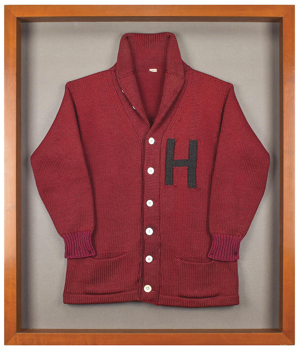 This undated photo released by RR Auction shows a Harvard University letter sweater that once belonged to former President John F. Kennedy, up for auction between Feb. 11-18, 2021, by the Boston-based auction firm. (Nikki Brickett/RR Auction via AP)