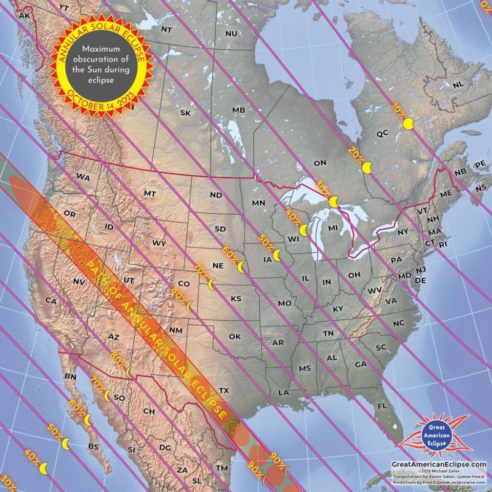 The annular eclipse expected on Oct. 14 should appear as a partial eclipse for observers in Pennsylvania, where about 30% of the sun will be covered by the moon.