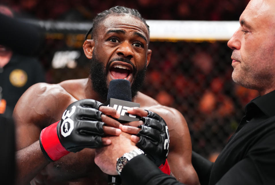 NEWARK, NEW JERSEY - MAY 06: Aljamain Sterling react after his victory over Henry Cejudo in the UFC bantamweight championship fight during the UFC 288 event at Prudential Center on May 06, 2023 in Newark, New Jersey. (Photo by Chris Unger/Zuffa LLC via Getty Images)