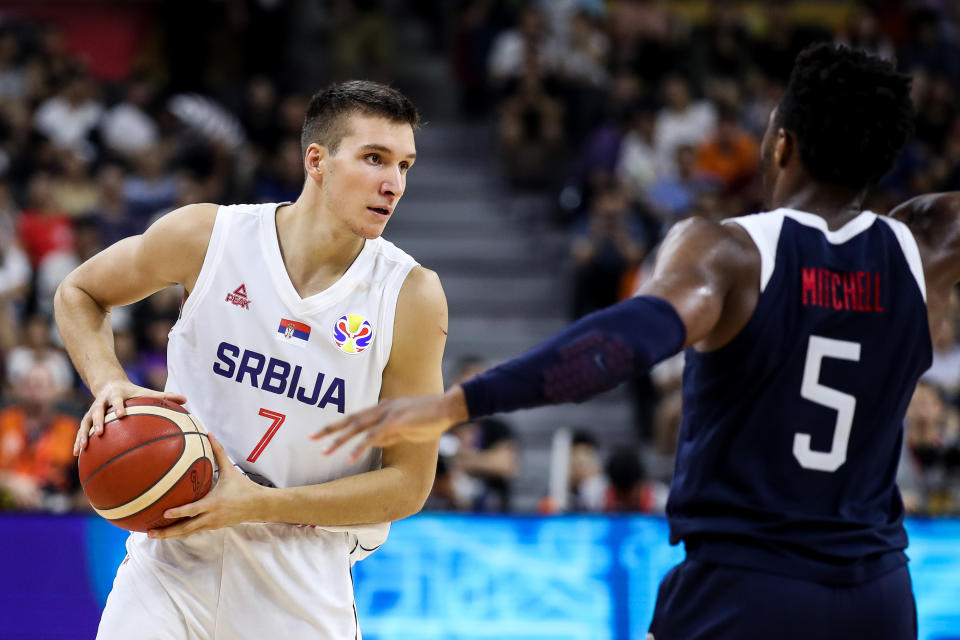 DONGGUAN, CHINA - SEPTEMBER 12: #7 Bogdan Bogdanovic of Serbia drives during the games 5-8 of 2019 FIBA World Cup between Serbia and USA at Dongguan Basketball Center on September 12, 2019 in Dongguan, China. (Photo by Zhizhao Wu/Getty Images)